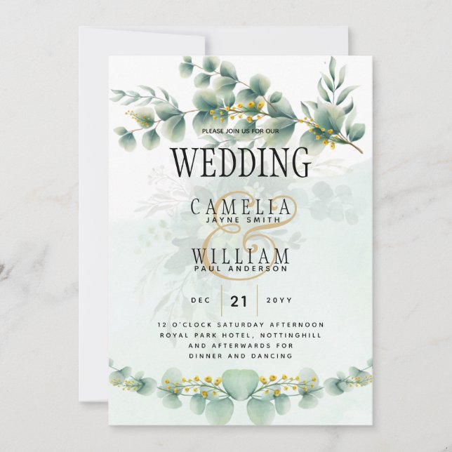 Eucalyptus Faire-part de mariage Vert moderne Or (Devant)