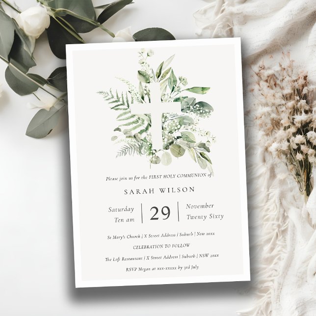 Eucalyptus Fauna Cross First Holy Communion Invite (Creator Uploaded)