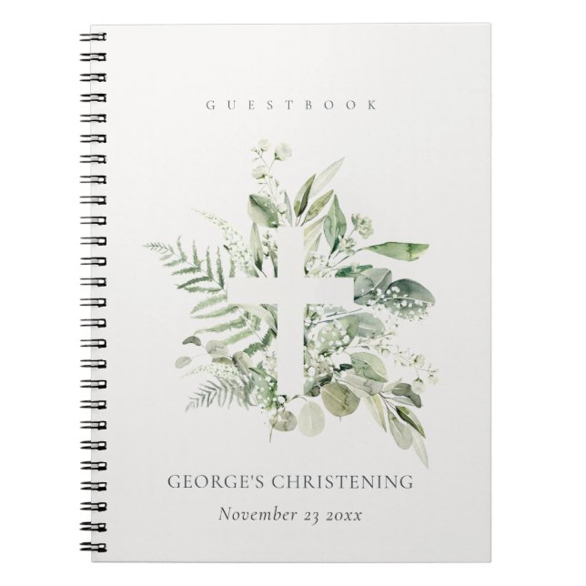 Eucalyptus Fern Fauna Cross Christening Guestbook Notebook (Front)