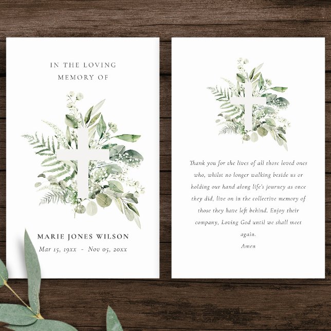 Eucalyptus Fern Fauna Cross Memorial Prayer Card (Creator Uploaded)