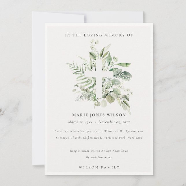 Eucalyptus Fern Fauna Cross Memorial Service Card (Front)