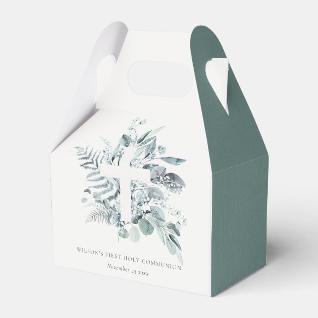 Eucalyptus Fern Foliage Cross First Holy Communion Favor Box (Front Side)