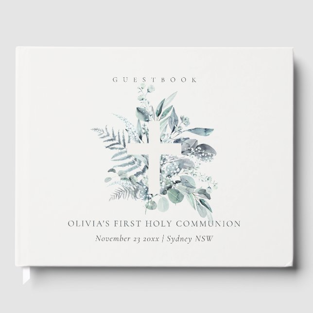 Eucalyptus Fern Foliage Cross First Holy Communion Guest Book (Front)