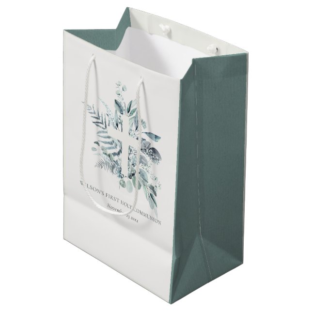 Eucalyptus Fern Foliage Cross First Holy Communion Medium Gift Bag (Front Angled)