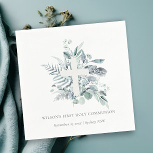 Eucalyptus Fern Foliage Cross First Holy Communion Napkin