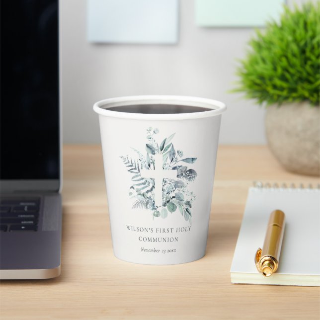 Eucalyptus Fern Foliage Cross First Holy Communion Paper Cups (Insitu)