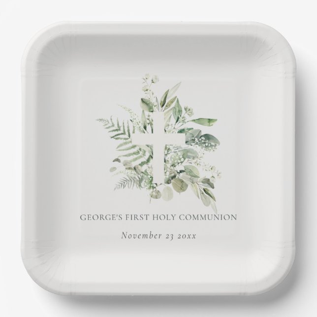 Eucalyptus Fern Foliage Cross First Holy Communion Paper Plate (Front)