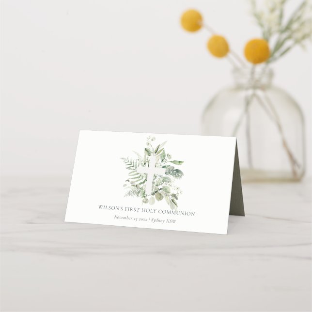 Eucalyptus Fern Foliage Cross First Holy Communion Place Card (Front)