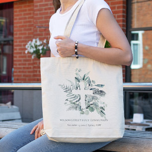 Eucalyptus Fern Foliage Cross First Holy Communion Tote Bag