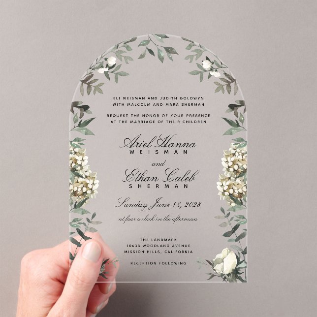 Eucalyptus Ferns White Flowers Archway Surnames Acrylic Invitations (Insitu (Handheld))