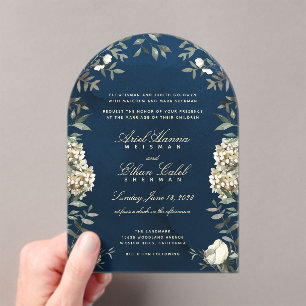 Eucalyptus Ferns White Flowers Navy Archway Acrylic Invitations