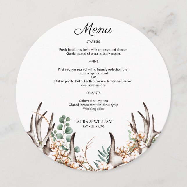 Eucalyptus Feuille Antler Boho Menu Rond (Devant)