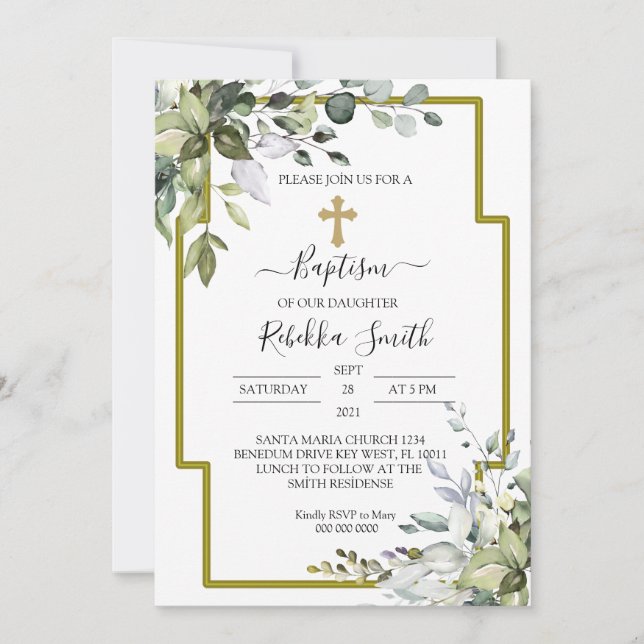 Eucalyptus Feuille Baptême Invitation (Devant)