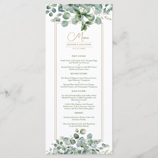 Eucalyptus Feuille Gold Sage Green Mariage Menu (Devant)
