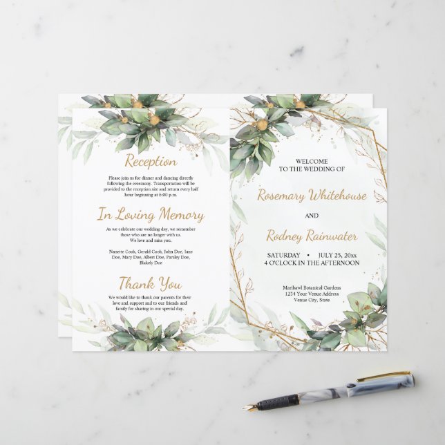 Eucalyptus Feuille Golden Greenery Wedding Program (Devant/Arrière en situation)