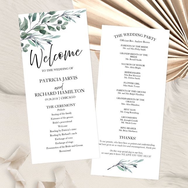 Eucalyptus Feuille Programmes de mariage vert 4x9 (Créateur téléchargé)