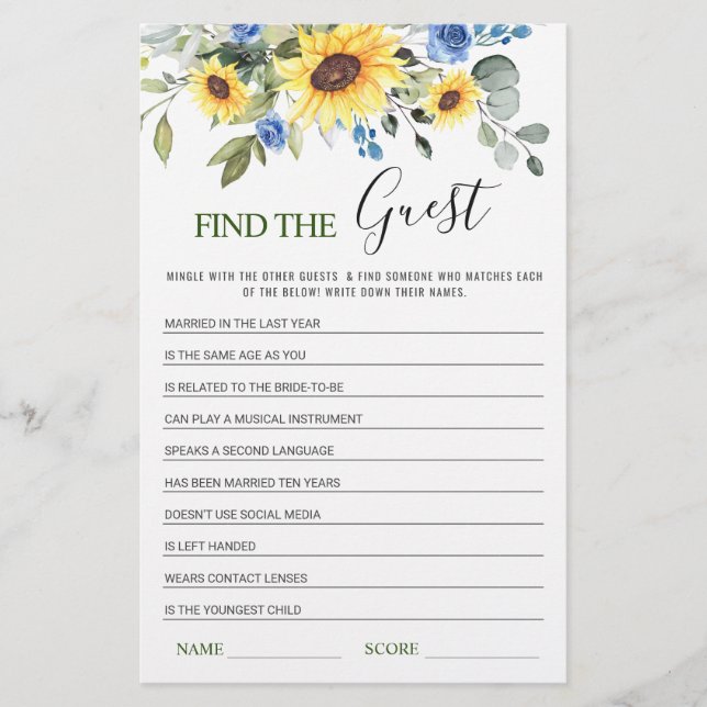 Eucalyptus Find the Guest Bridal Shower Game (Front)