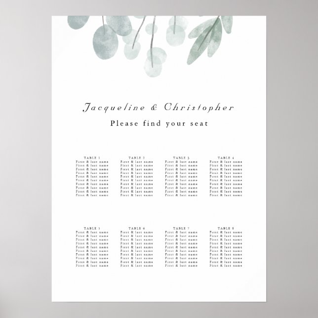 Eucalyptus Floral 8 Table Wedding Seating Chart (Front)