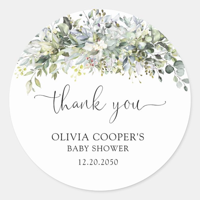 Eucalyptus Floral Baby Shower  Classic Round Sticker (Front)