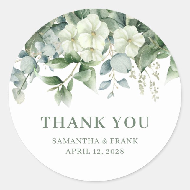 Eucalyptus Floral Border Wedding Thank You Classic Round Sticker (Front)