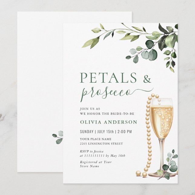 Eucalyptus Floral Bridal Shower PETALS & Prosecco Invitation (Front/Back)