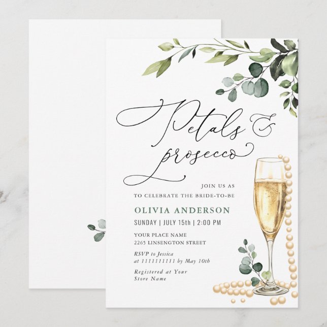 Eucalyptus Floral Bridal Shower PETALS & Prosecco Invitation (Front/Back)