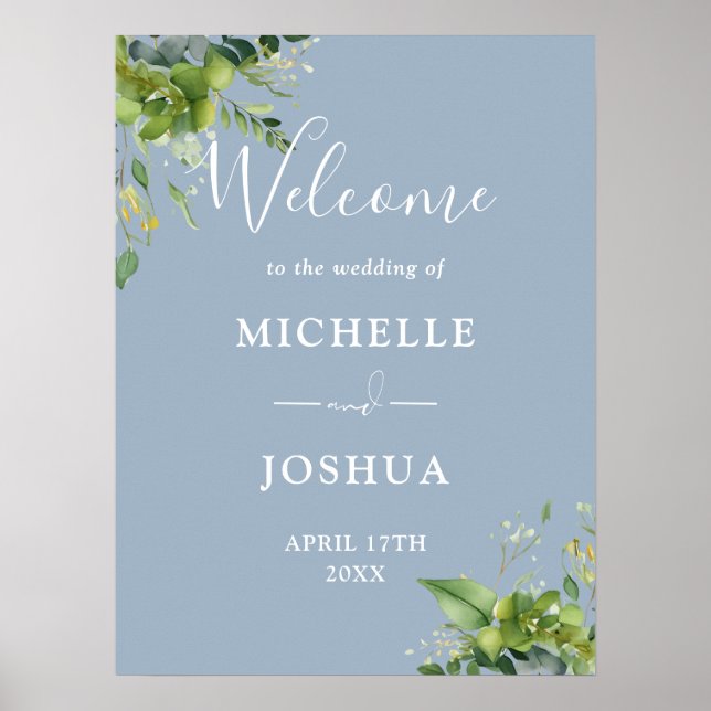 Eucalyptus Floral Dusty Blue Mariage Affiche de bi (Devant)