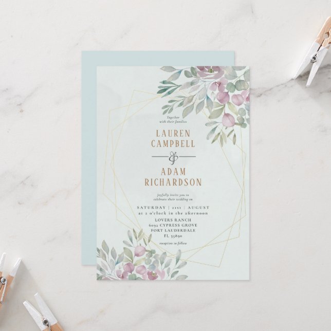 Eucalyptus floral Geo Lines Sage Green Wedding Invitation (Front/Back In Situ)
