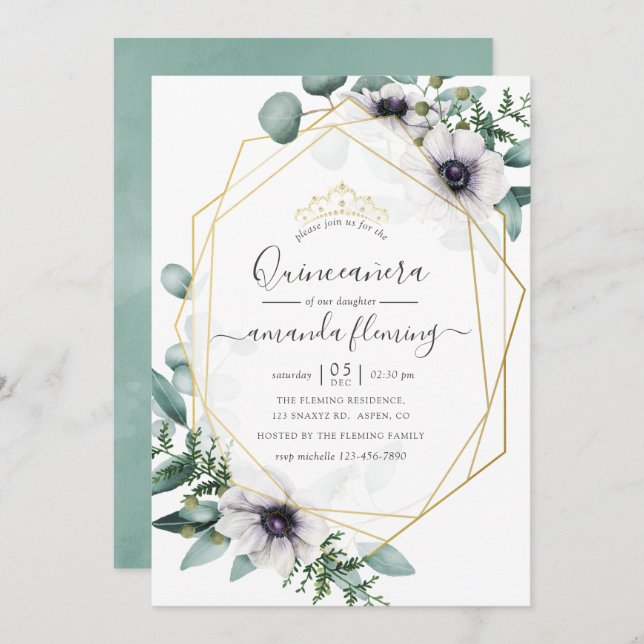 Eucalyptus Floral Geometric Quinceañera Invitation (Front/Back)