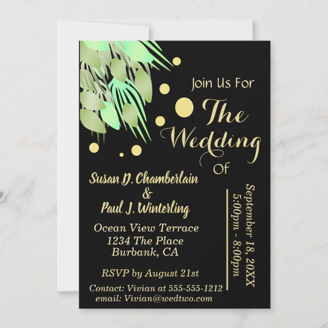 Eucalyptus floral Greenery Black & Gold Wedding Invitation (Front)