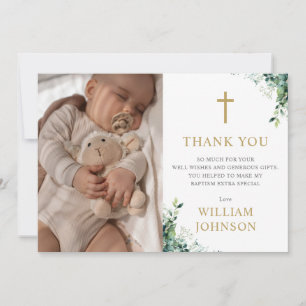 Eucalyptus Floral Greenery Monogram Baptism Thank You Card
