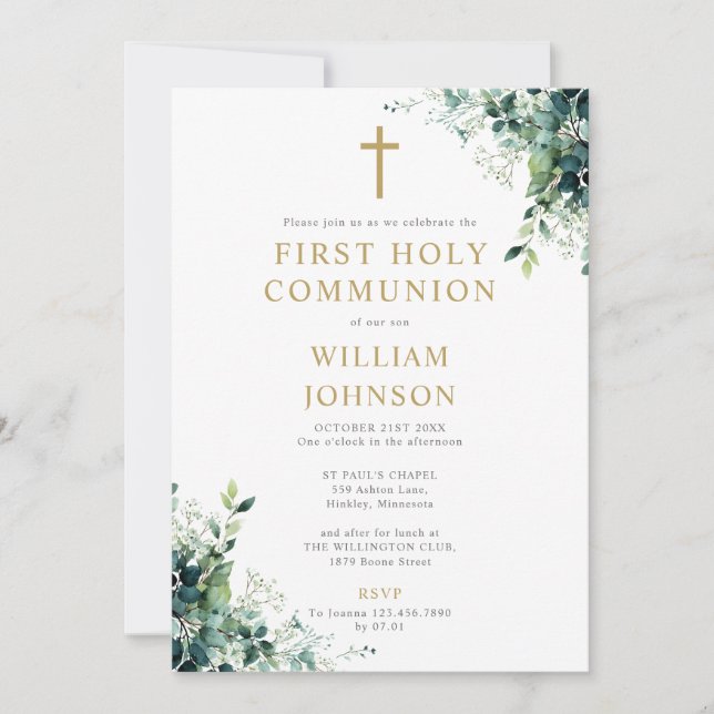 Eucalyptus Floral Greenery Monogram Holy Communion Invitation (Front)