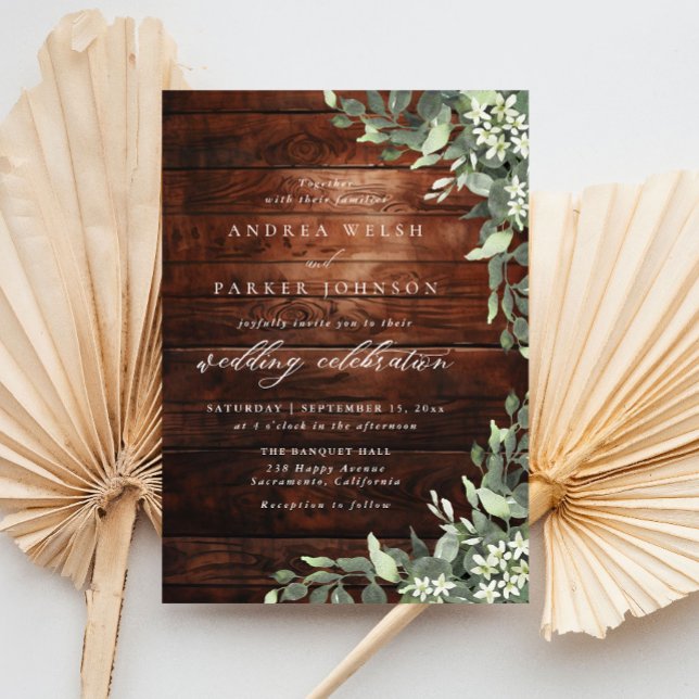 Eucalyptus Floral Greenery Rustic Wood Wedding Invitation (Creator Uploaded)