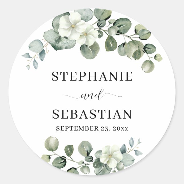 Eucalyptus Floral Greenery Wedding Classic Round Sticker (Front)