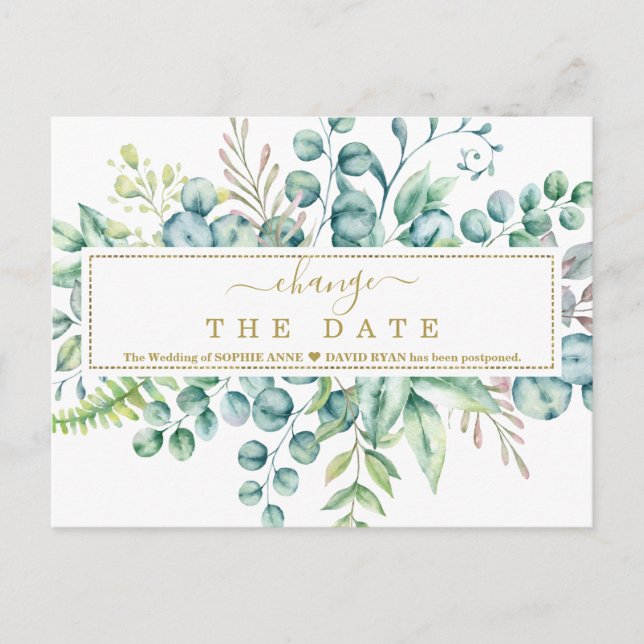 Eucalyptus Floral Leaves Wedding Change The Date Postcard (Front)
