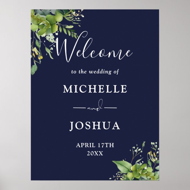 Eucalyptus Floral Navy Blue Mariage Affiche de bie (Devant)