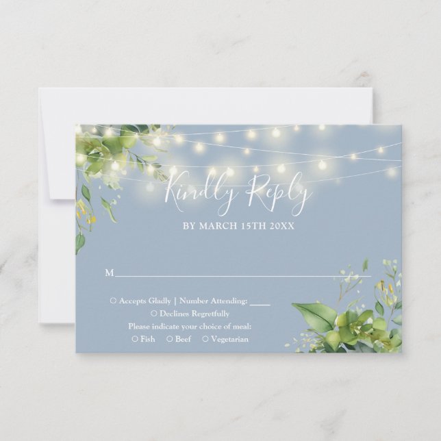 Eucalyptus Floral String Lights Dusty Blue Wedding RSVP Card (Front)