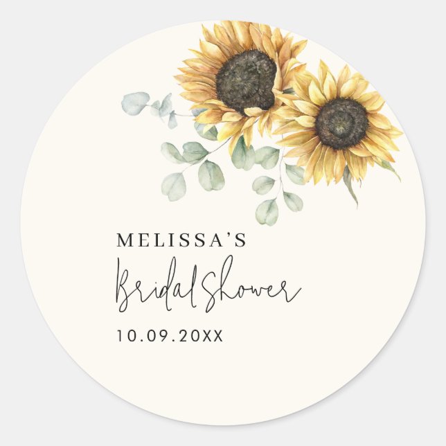 Eucalyptus Floral Sunflower Bridal Shower Classic Round Sticker (Front)