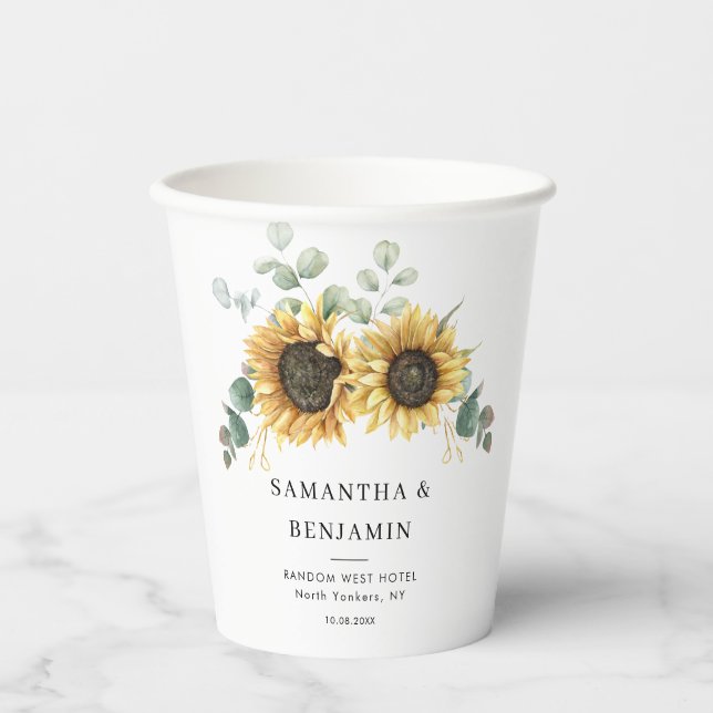 Eucalyptus Floral Sunflower Wedding Paper Cups (Front)