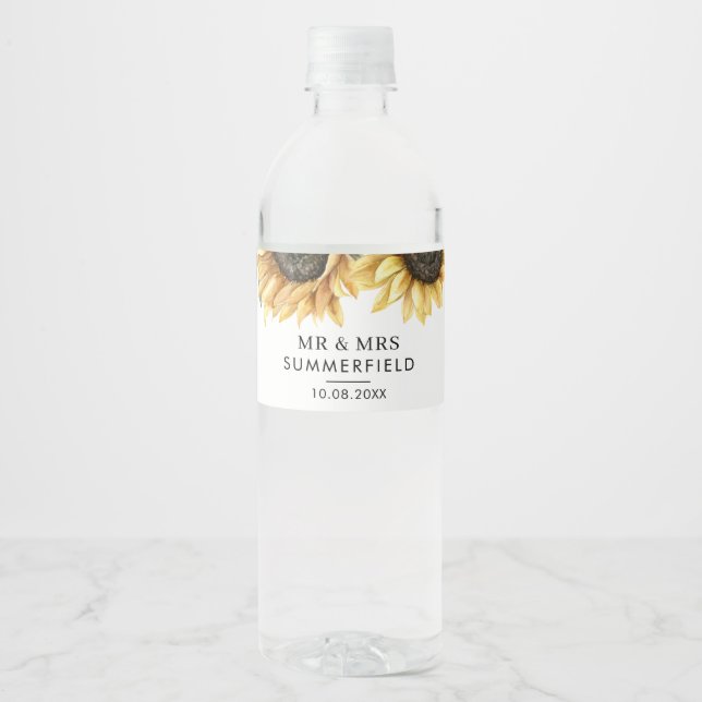 Eucalyptus Floral Sunflower Wedding Water Bottle Label (Front)