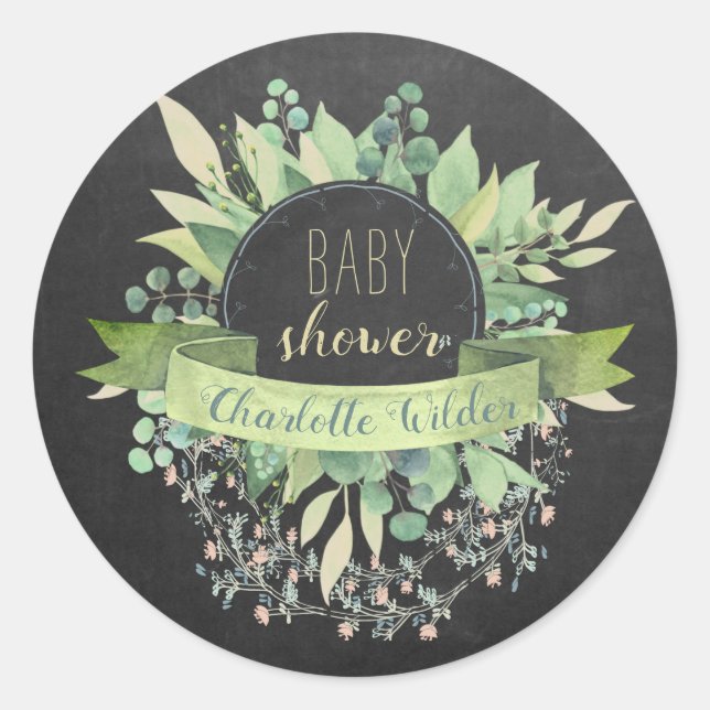 Eucalyptus Floral Vines Baby Shower Chalkboard Cla Classic Round Sticker (Front)