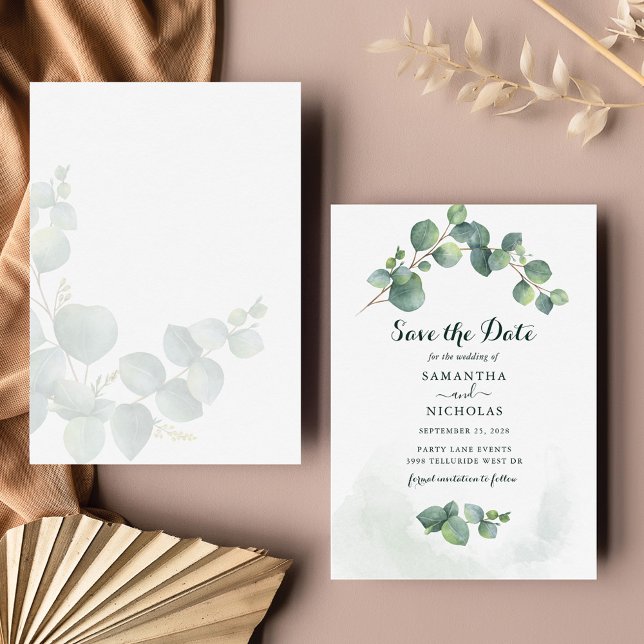 Eucalyptus Floral Wedding Save The Date Card (Eucalyptus Foliage Script  Wedding Save the Date Card)