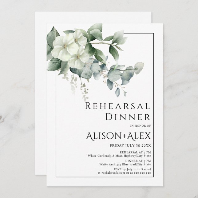 Eucalyptus flowers border wedding rehearsal dinner invitation (Front/Back)