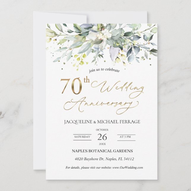 Eucalyptus foliage 70th Wedding Anniversary  Invitation (Front)