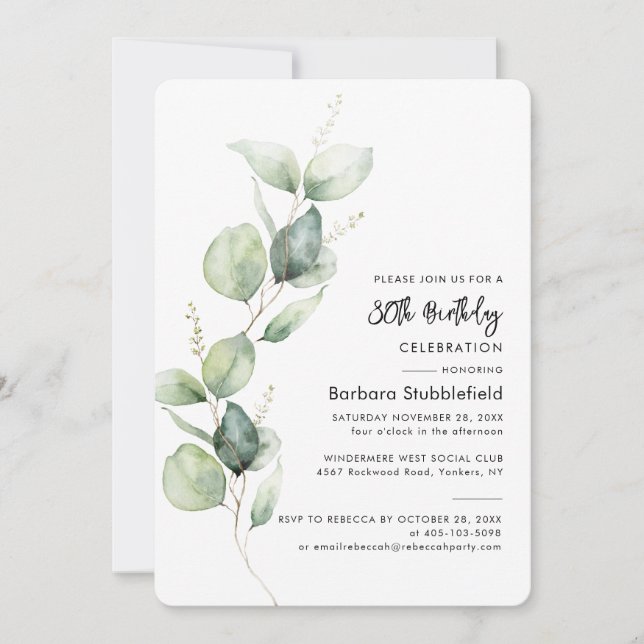 Eucalyptus Foliage 80th Birthday Party Minimalist Invitation (Front)