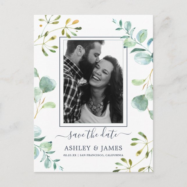 Eucalyptus Foliage Blue Botanical Save the Date Announcement Postcard (Front)