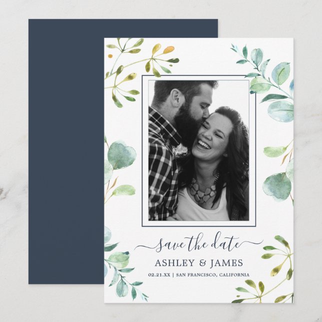 Eucalyptus Foliage Blue Botanical Save the Date Invitation (Front/Back)