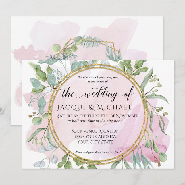 Eucalyptus Foliage Blush Modern Watercolor Wedding Invitation (Front/Back)