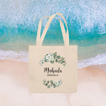 Eucalyptus Foliage Bridesmaid Favour Personalized Tote Bag<br><div class="desc">This Eucalyptus leaf wreath bridesmaid gift tote bag is a beautiful item that your bridesmaids can still use after your wedding day. Get creative and fill this sweet floral tote bag with your favourite gifts for your bridesmaids, maid of honour, matron of honour, mother of the bride, mother of the...</div>