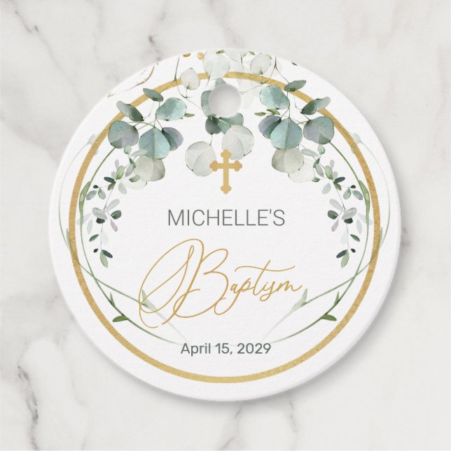 Eucalyptus Foliage Cross Baptism Favour Tags (Front)